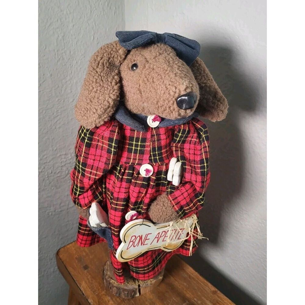 Vintage‎ Dog Stuffed Animal Cottage Core Woodland Plaid Decoration Country Cute